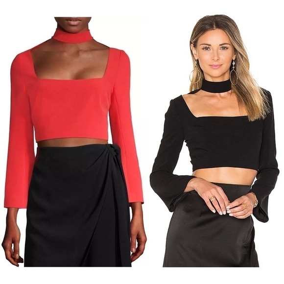 NWT CINQ SEPT 90s Mockneck Choker Cutout Square Neck Long Bell Sleeve Crop Top 2 - Picture 9 of 12